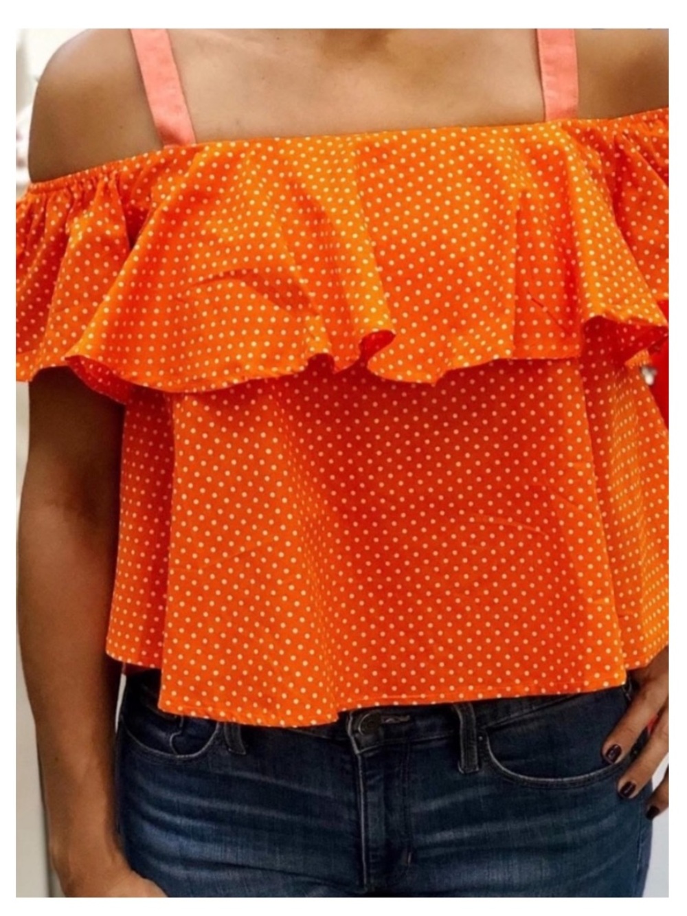 NWT DAVI & DANI Polka Dot Ruffle Crop Top with Adjustable Straps in Orange MED